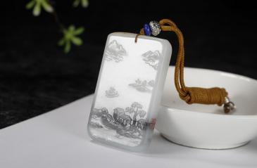 老山玉器 湯繼文大師作品新疆和田玉羊脂玉青花籽料牌風(fēng)景